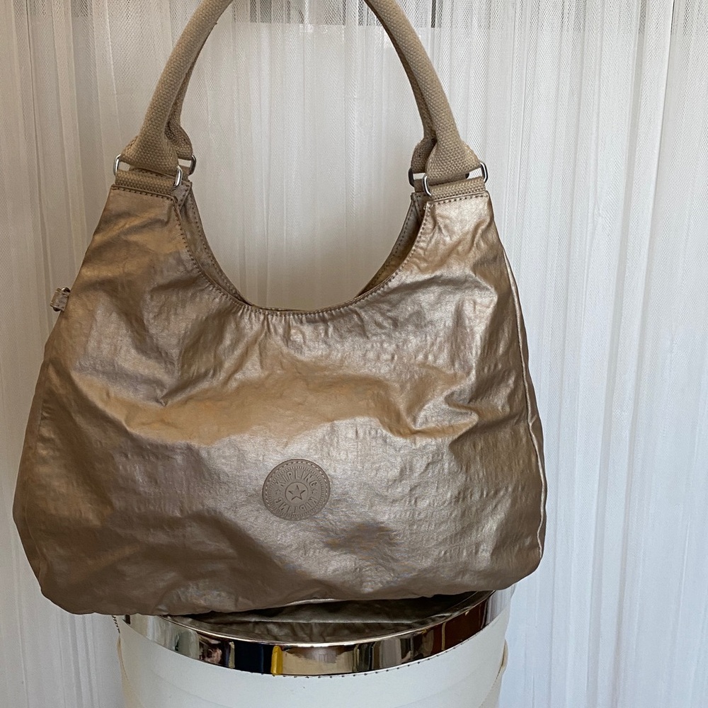Kipling Metallic Champagne Hobo Bag with Polka Dot Interior